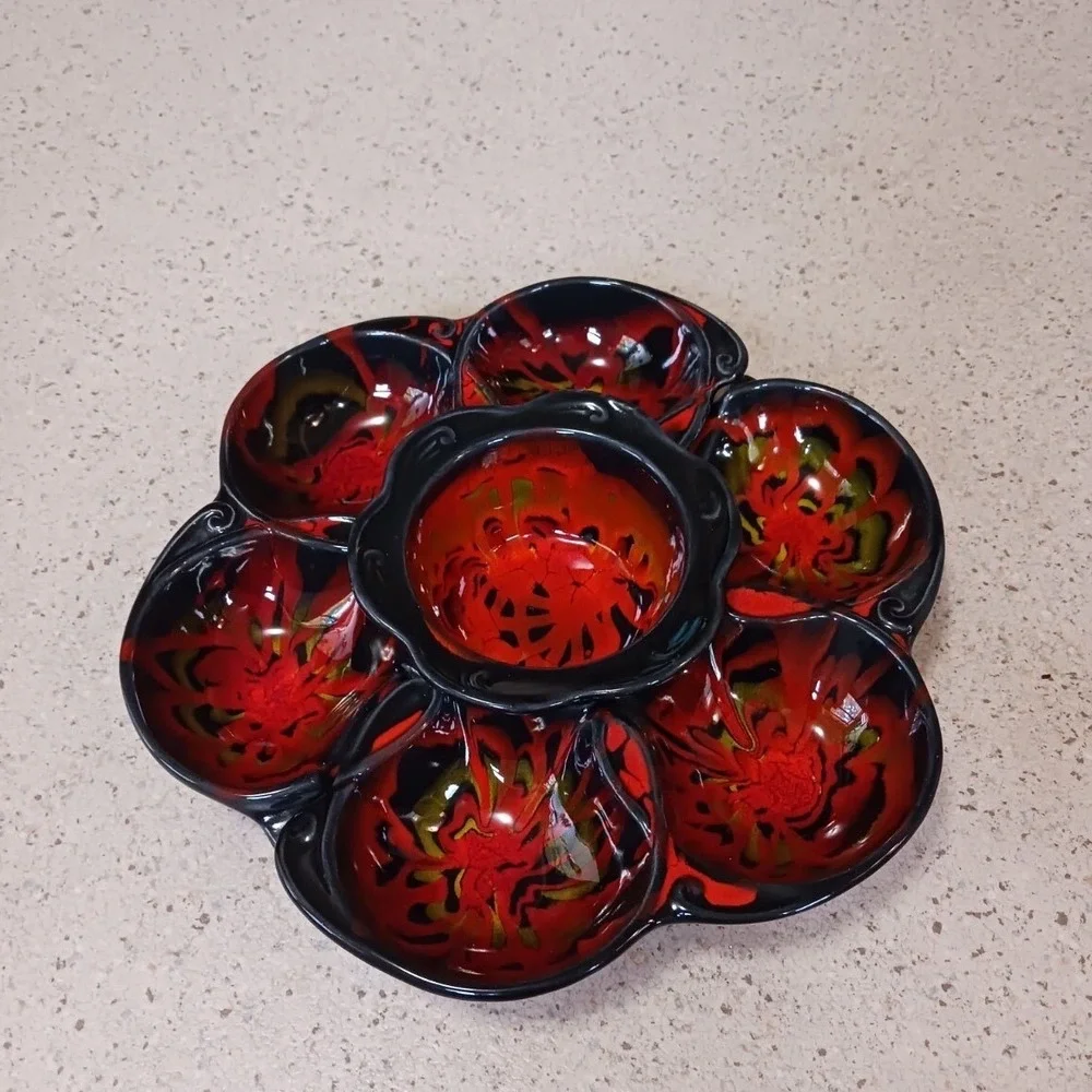 Cal Orig USA 1192‎ Chip and Dip Serving Tray Red Black Lava Glaze Mid Century